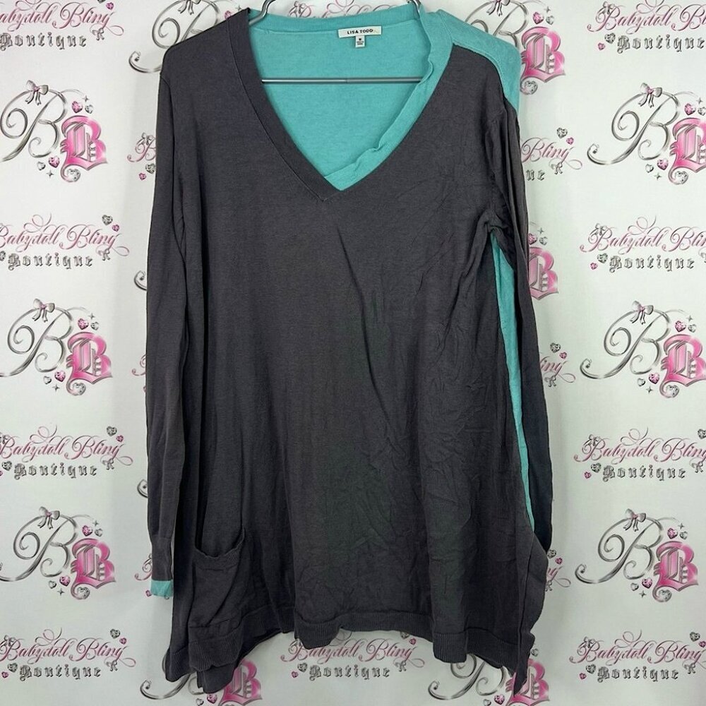 Lisa Todd shirt long sleeves dual color Gray and Teal V-Neck Women's Top